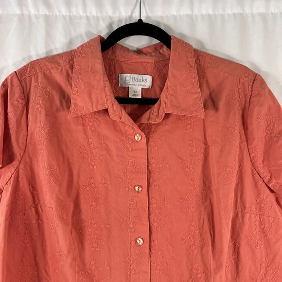 CJ Banks Blouse Women's 1X Orange Floral Button Up Short Sleeve Collared - Picture 2 of 9